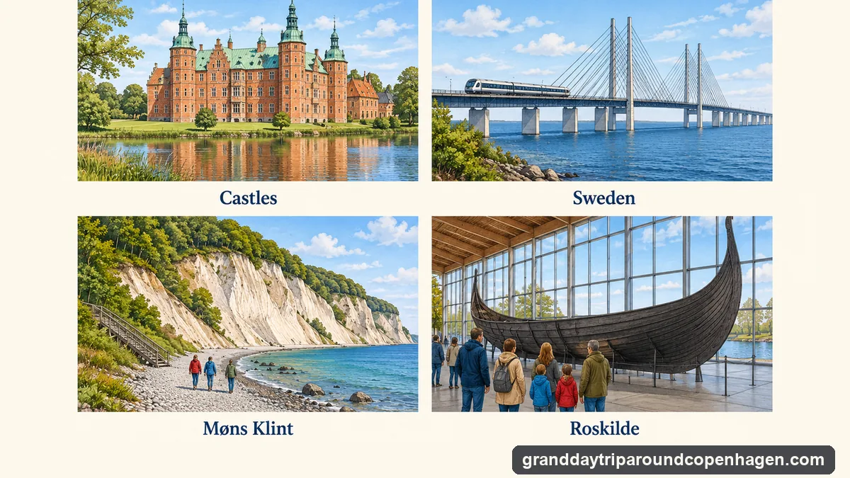 Illustration: four vignettes of days out from Copenhagen, a Renaissance castle with copper spires, a train crossing a long bridge to Sweden, white chalk cliffs over a blue sea, and a Viking ship in a museum hall