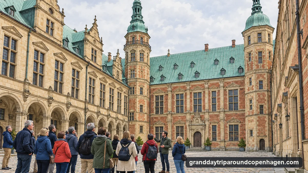Illustration: a small group with a guide in the brick-and-sandstone courtyard of a Danish Renaissance castle with copper-green spires