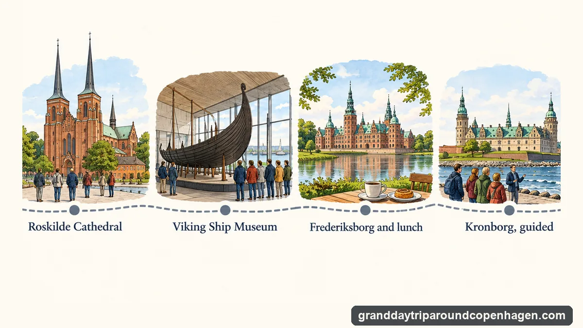 Illustrated timeline of the four stops on the Grand Day Trip around Copenhagen: Roskilde Cathedral, the Viking Ship Museum, lunch and Frederiksborg Castle in Hillerød, and a guided visit to Kronborg in Helsingør