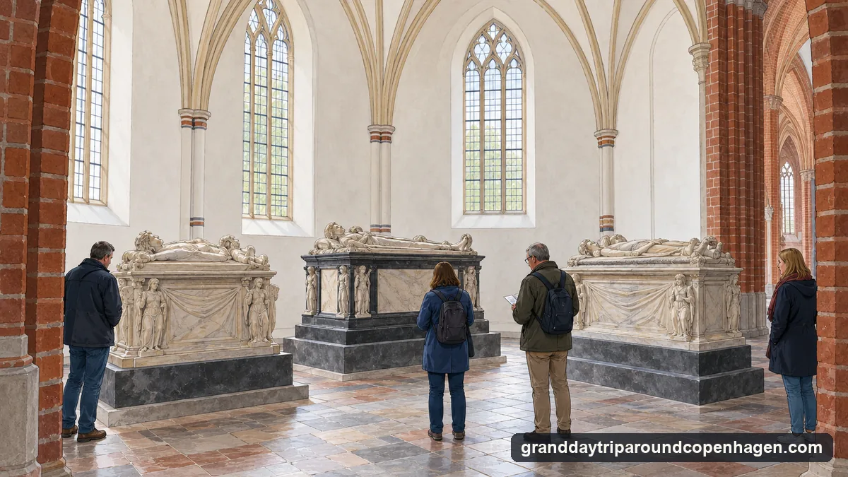 Illustration: visitors in a brick Gothic cathedral looking at carved royal sarcophagi in a whitewashed side chapel