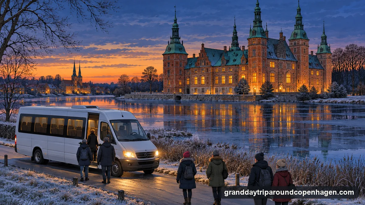 Illustration: a Danish castle at winter dusk with lit windows, a lake edged with frost and a minibus with its headlights on in the foreground